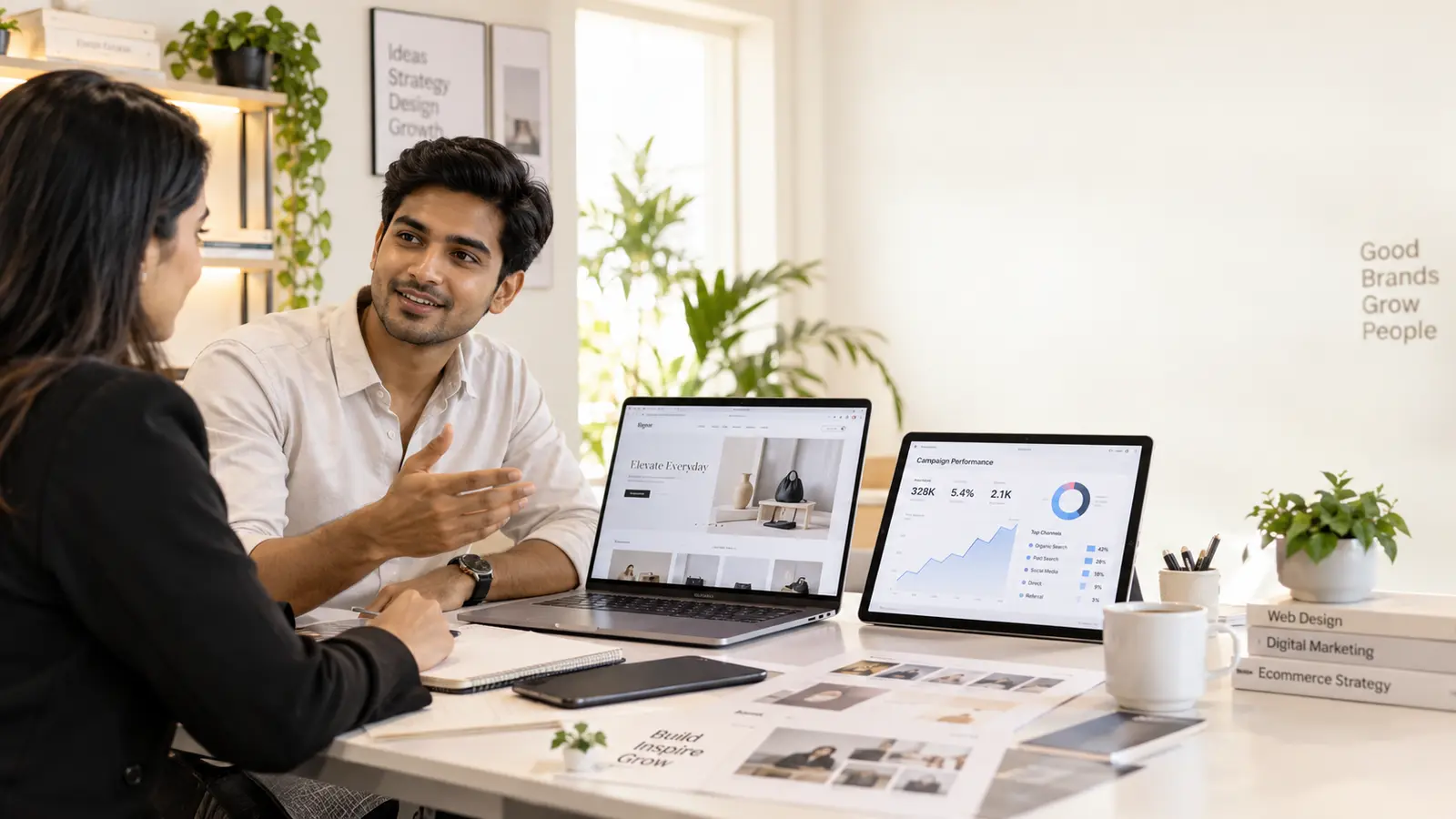 Pentova team discussing a digital growth project with a client